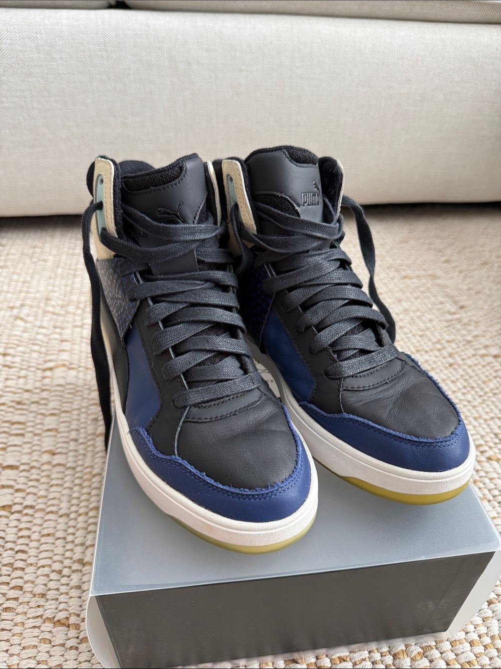 Alexander Mqueen-Puma Women’s High-Top Sneakers in Black, Navy and Yellow